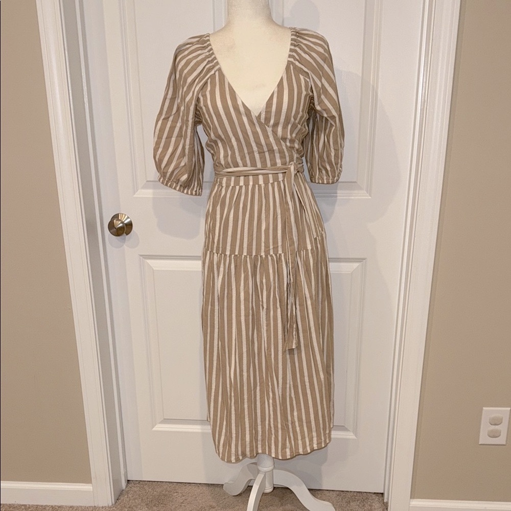 Old Navy Tan and White Striped Midi Wrap Dress